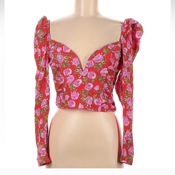 Zara Tops - Zara Rose Print Red Crop Corset Sweatheart Cottagecore Whimsical Romantic Top